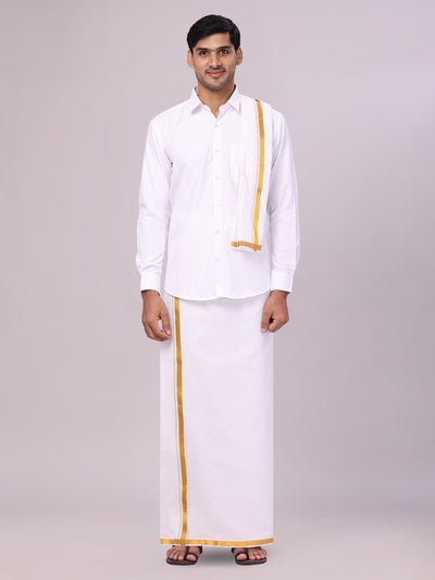 Men's White Full Sleeves Wedding Shirt, Dhoti & Nerial Combo - Cistus White