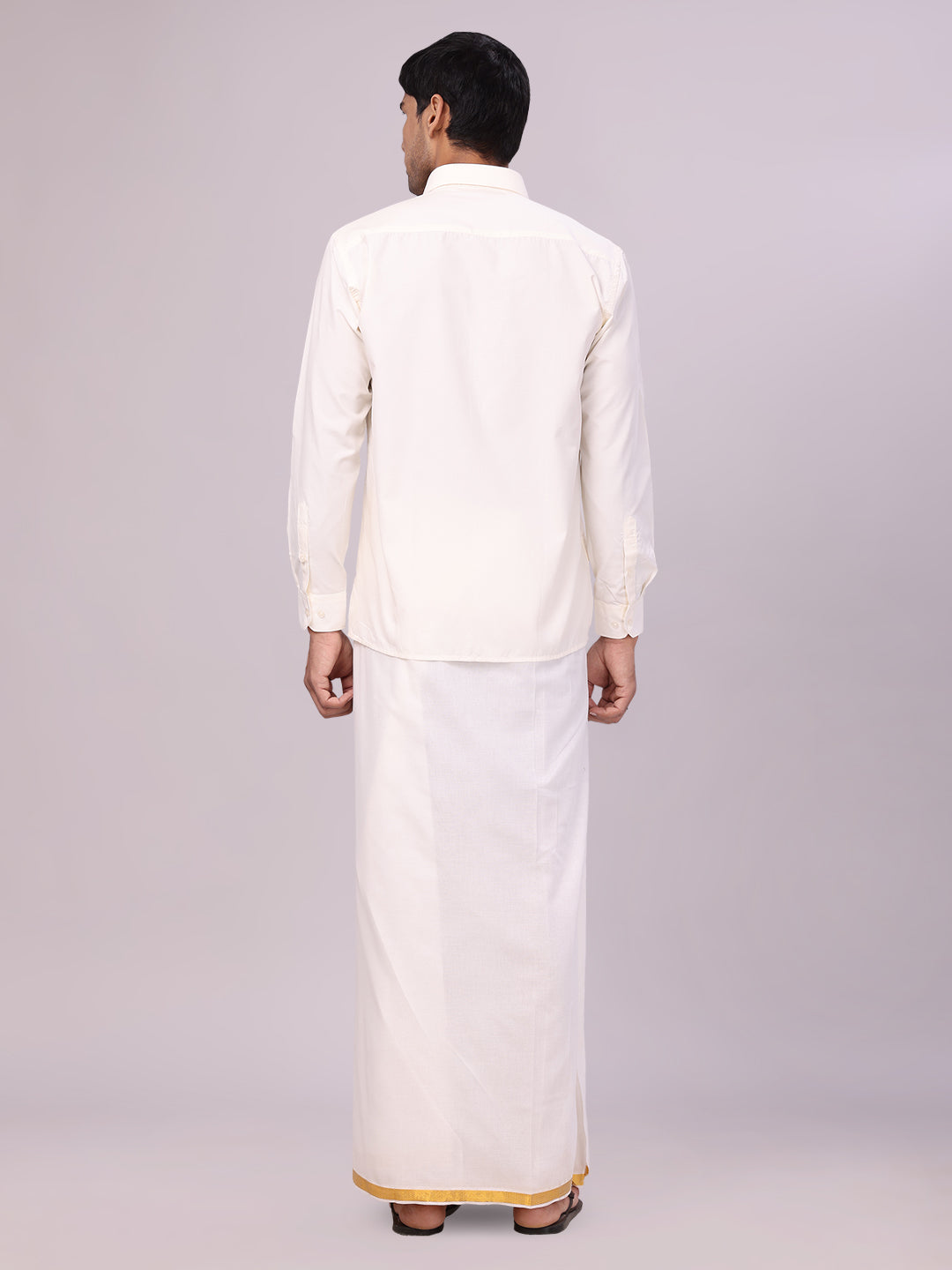 Men's Cotton White Wedding Shirt, Flexi Dhoti & Nerial Combo - Cistus back pose