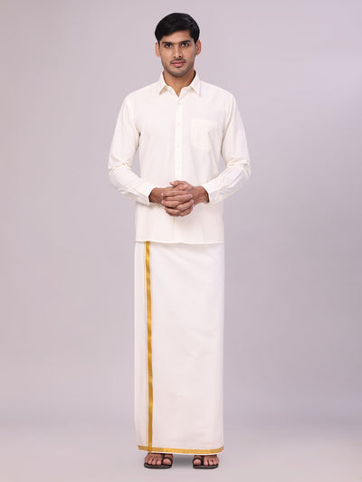 Men's Cotton White Wedding Shirt, Flexi Dhoti & Nerial Combo - Cistus