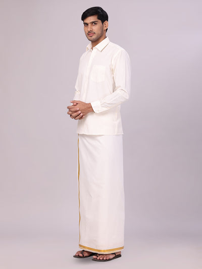 Men's Cotton White Wedding Shirt, Flexi Dhoti & Nerial Combo - Cistus side pose