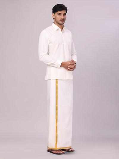 Men's Cotton White Wedding Shirt, Flexi Dhoti & Nerial Combo - Cistus side pose