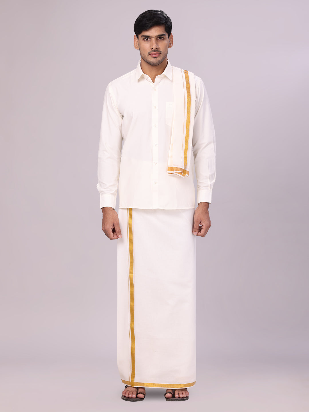 Men's Cotton White Wedding Shirt, Flexi Dhoti & Nerial Combo - Cistus