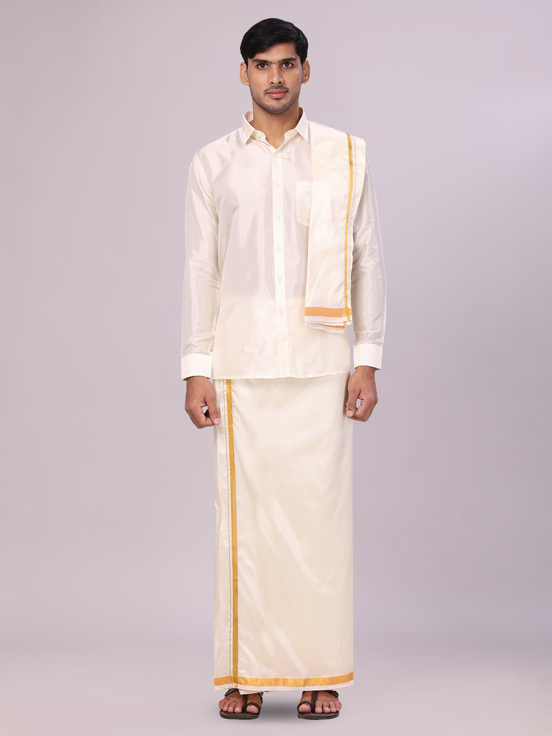 Mens Silk Mix Wedding Cream Shirt, Dhoti, Nerial with Belt Combo - Thamboolam