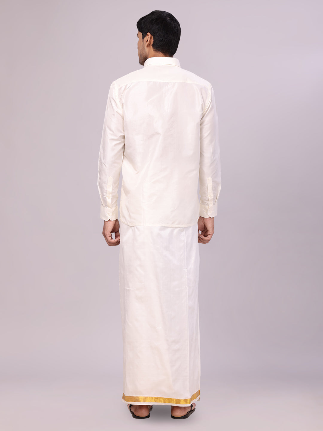 Mens Pure Silk Wedding Cream Shirt, Dhoti, Nerial with Belt Combo - Nesam 50 K