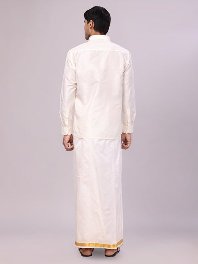 Men's Pure Silk Wedding Cream Shirt, Dhoti, Nerial with Belt Combo - Nesam 50K back pose