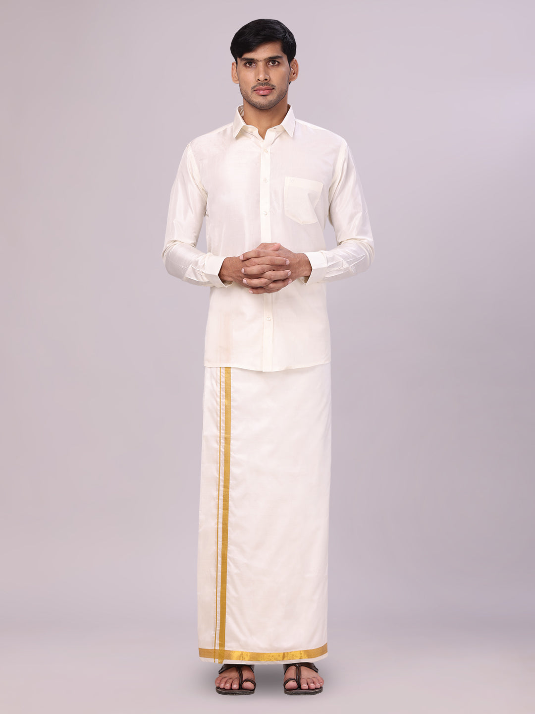 Mens Pure Silk Wedding Cream Shirt, Dhoti, Nerial with Belt Combo - Nesam 50 K