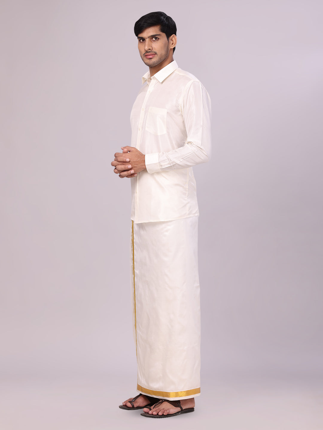 Men's Pure Silk Wedding Cream Shirt, Dhoti, Nerial with Belt Combo - Nesam 50K side pose