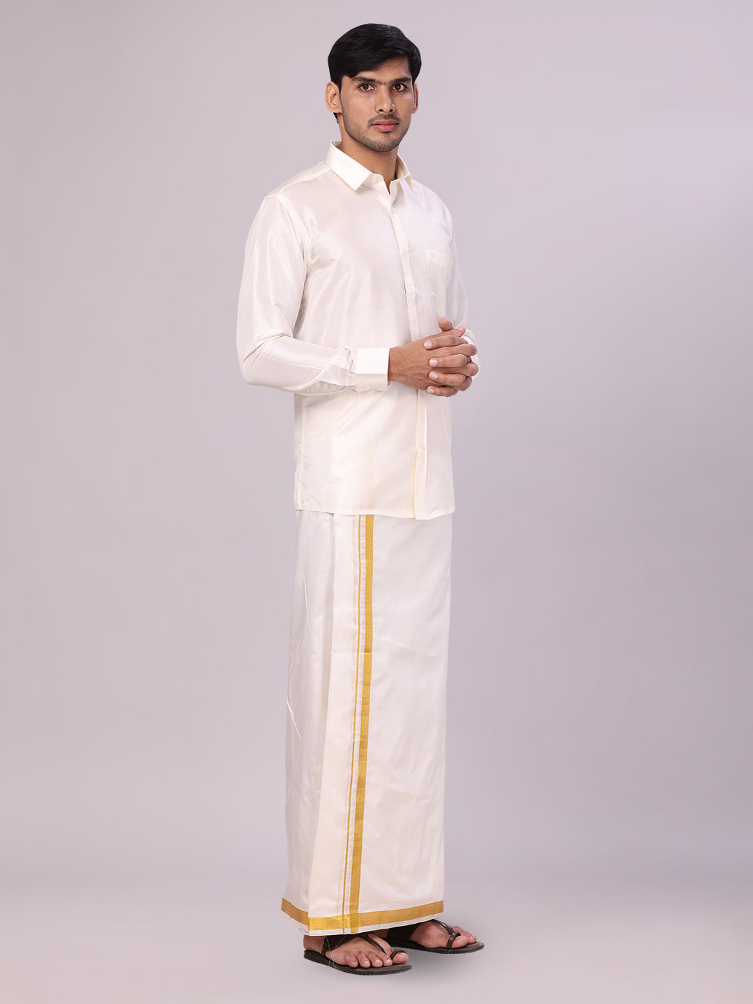 Mens Pure Silk Wedding Cream Shirt, Dhoti, Nerial with Belt Combo - Nesam 50 K