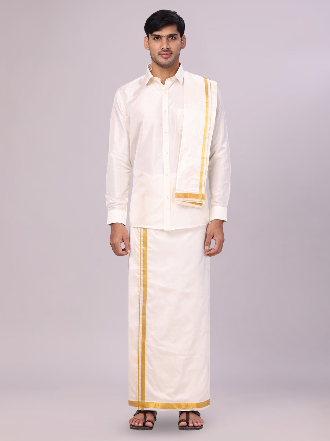 Mens Pure Silk Wedding Cream Shirt, Dhoti, Nerial with Belt Combo - Nesam 50 K