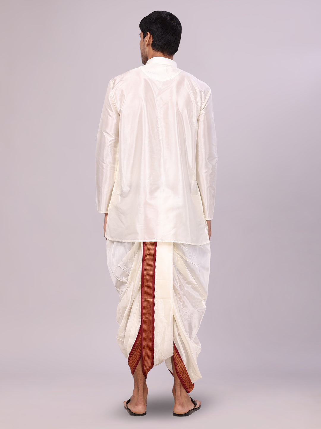 Men's Art Silk Cream Kurta Readymade Panchakacham Towel Mayilkhan Jari Border Combo Dhyanam back pose