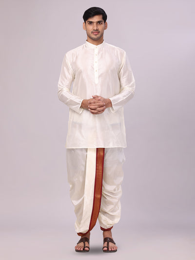 Men's Art Silk Cream Kurta Readymade Panchakacham Towel Mayilkhan Jari Border Combo Dhyanam