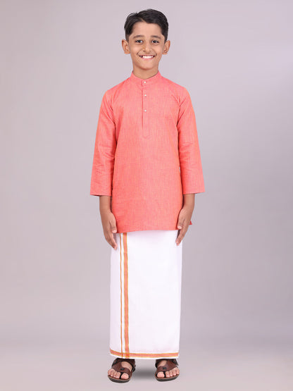 Boys Cotton Brick Kurta with Matching Border Dhoti Combo