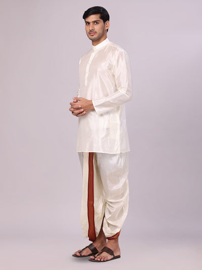 Men's Art Silk Cream Kurta Readymade Panchakacham Towel Mayilkhan Jari Border Combo Dhyanam side pose