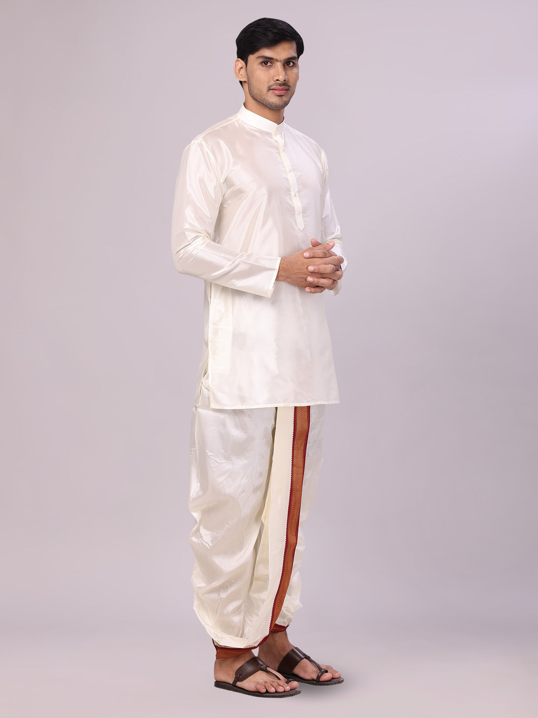 Men's Art Silk Cream Kurta Readymade Panchakacham Towel Mayilkhan Jari Border Combo Dhyanam side pose