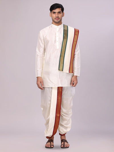 Men's Art Silk Cream Kurta Readymade Panchakacham Towel Mayilkhan Jari Border Combo Dhyanam