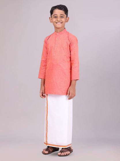 Boys Cotton Brick Kurta with Matching Border Dhoti Combo side pose