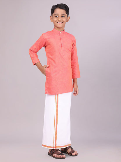 Boys Cotton Brick Kurta with Matching Border Dhoti Combo front pose