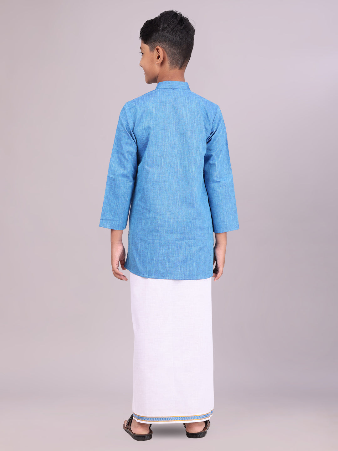 Boys Cotton Blue Kurta with Matching Border Dhoti Combo back pose