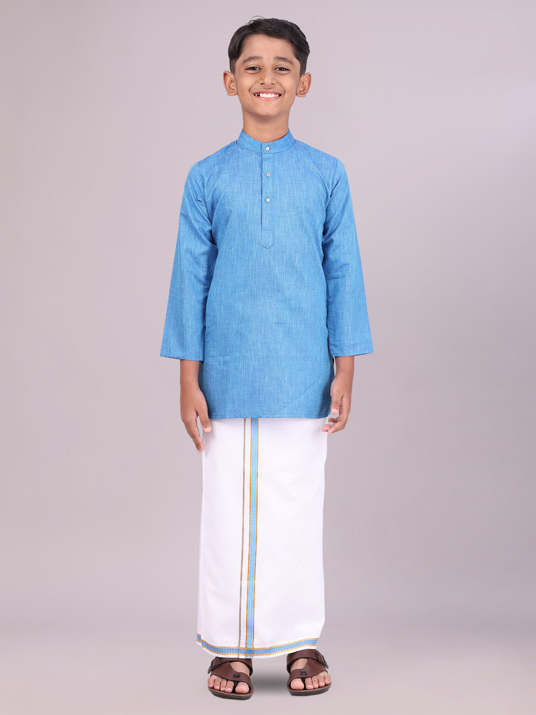 Boys Cotton Blue Kurta with Matching Border Dhoti Combo 