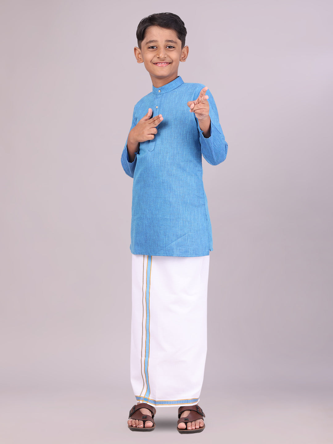 Boys Cotton Blue Kurta with Matching Border Dhoti Combo side pose