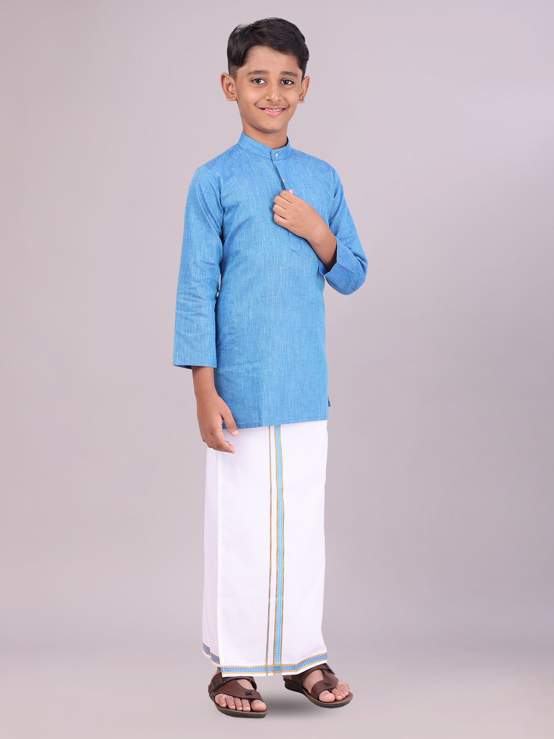 Boys Cotton Blue Kurta with Matching Border Dhoti Combo front pose