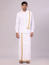 Mens Pure Cotton Wedding White Shirt with Flexi Waist Gold Jari Dhoti and Towel Combo - Anandham White