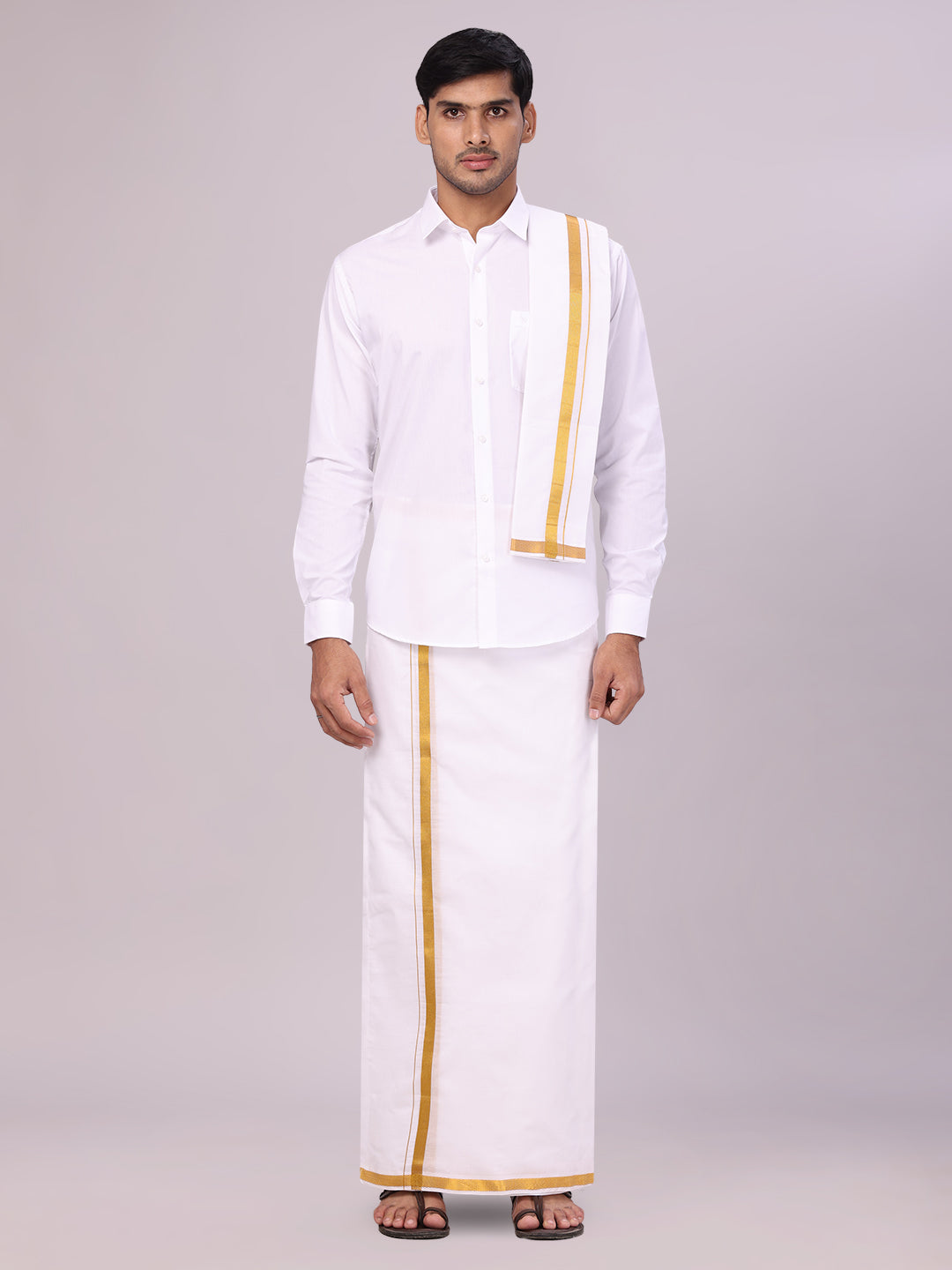 Men's Pure Cotton Wedding White Shirt with Flexi Waist Gold Jari Dhoti and Towel Combo - Anandham White