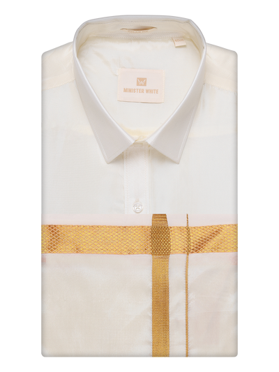 Mens Art Silk Wedding Cream Shirt, Dhoti, Nerial with Belt Combo - Boopalan Cream