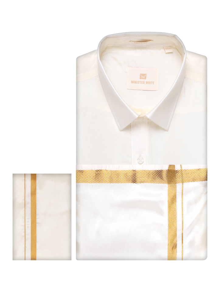 Men's Art Silk Wedding Cream Shirt, Dhoti, Nerial with Belt Combo - Boopalan Cream