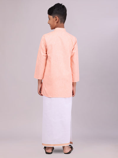 Boys Cotton Peach Kurta with Matching Border Dhoti Combo back pose