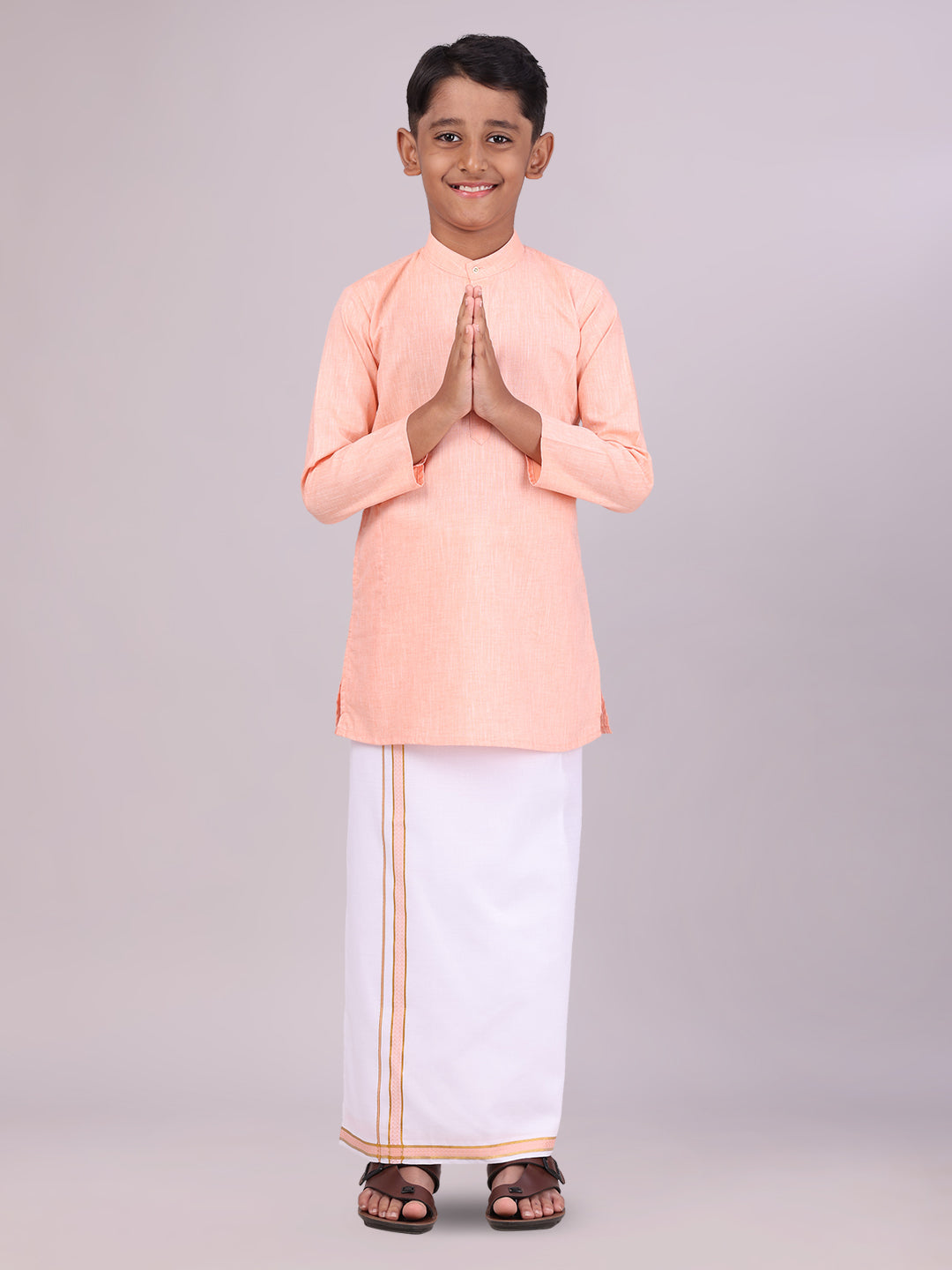 Boys Cotton Peach Kurta with Matching Border Dhoti Combo