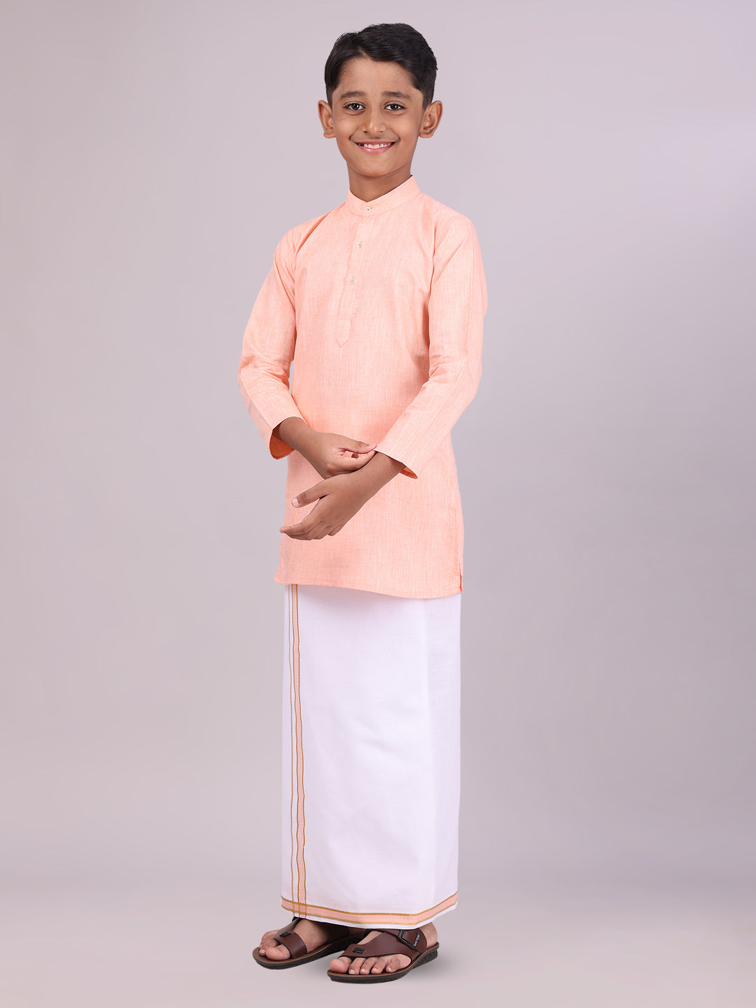 Father & Son Peach Men Shirt Dhoti Set with Kids Kurta Dhoti Set Combo