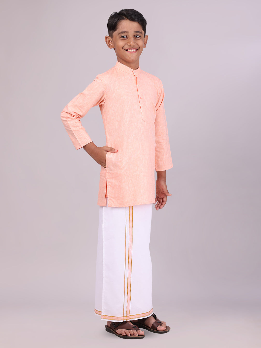 Boys Cotton Peach Kurta with Matching Border Dhoti Combo side pose