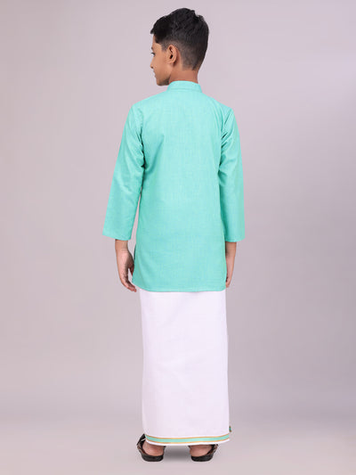 Boys Cotton Mint Blue Kurta with Matching Border Dhoti Combo Honest Boy