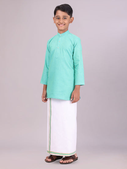 Boys Cotton Mint Blue Kurta with Matching Border Dhoti Combo side pose