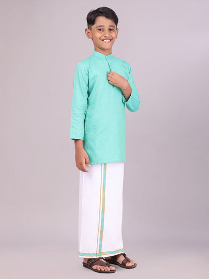 Boys Cotton Mint Blue Kurta with Matching Border Dhoti Combo side pose