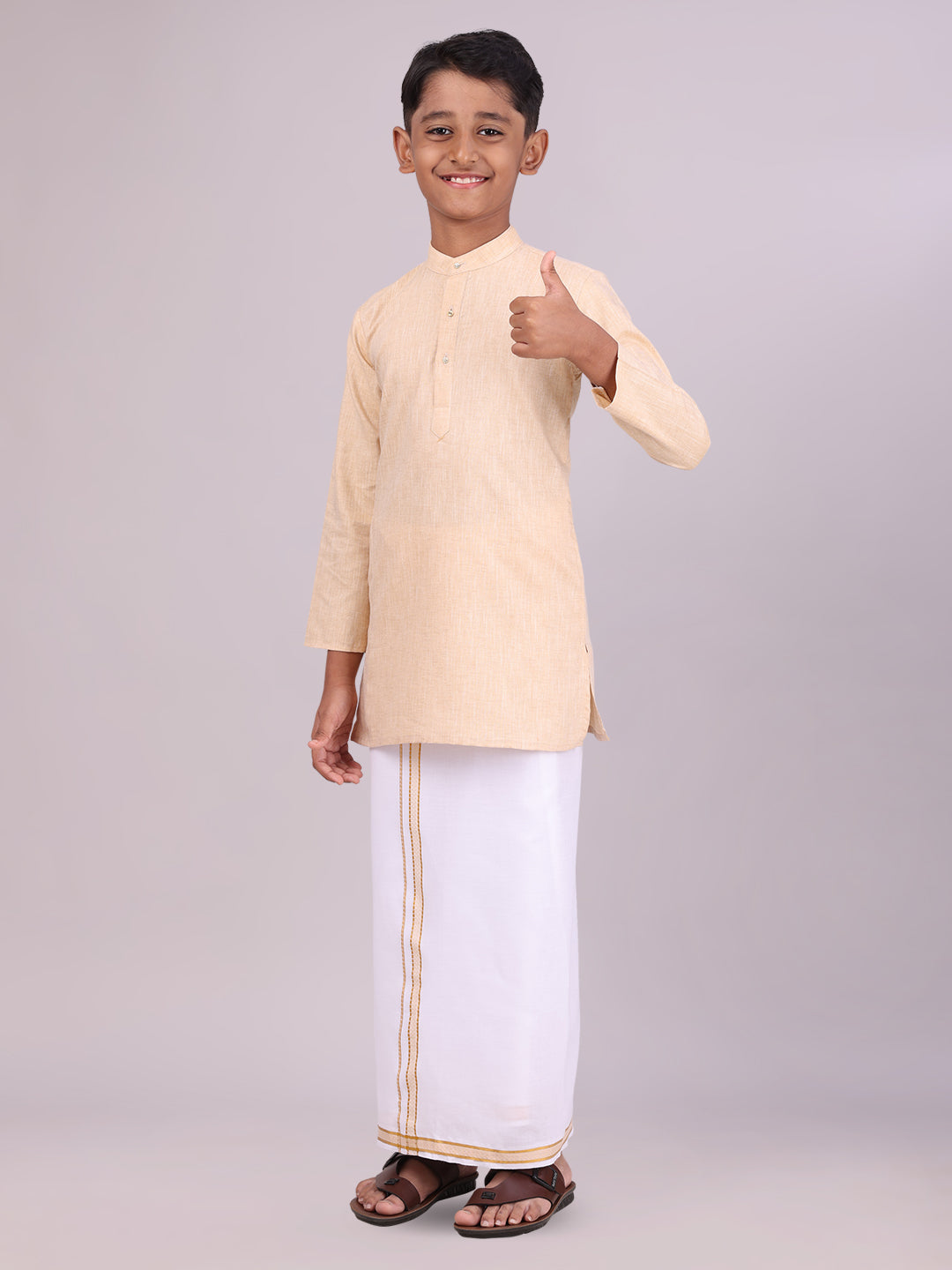 Boys Cotton Sandal Kurta with Matching Border Dhoti Combo side pose