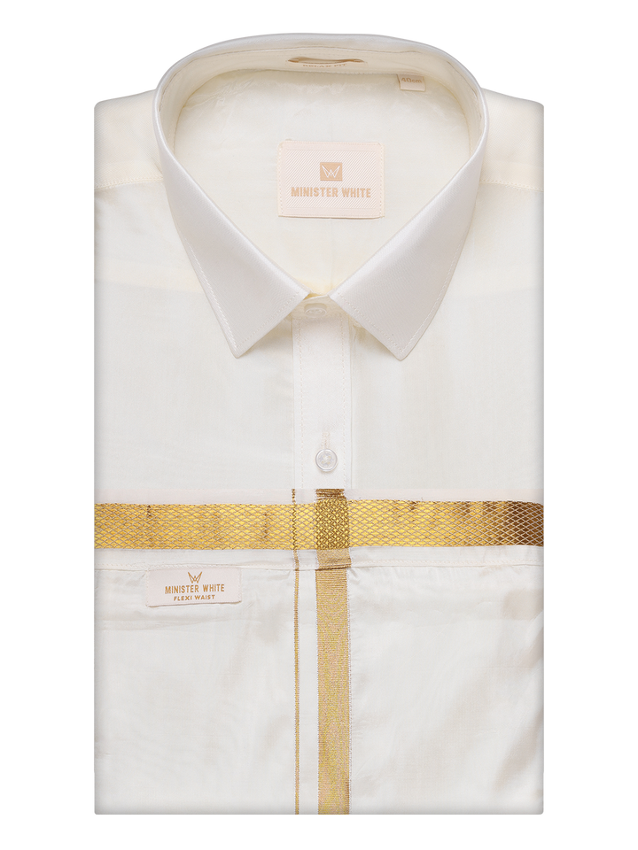 Men's Art Silk Cream Wedding Shirt with Flexi Dhoti and Nerial - Blessing Cream 