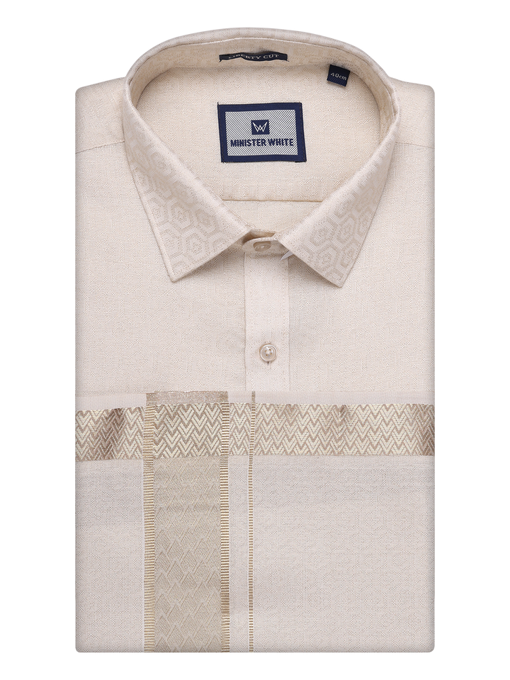 Men's Beige Tissue Jacquard Shirt with Matching Dhoti Combo Zeebra