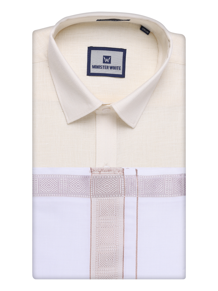 Mens Cream Shirt with Matching jacquard Weave Border Dhoti Combo Marsh