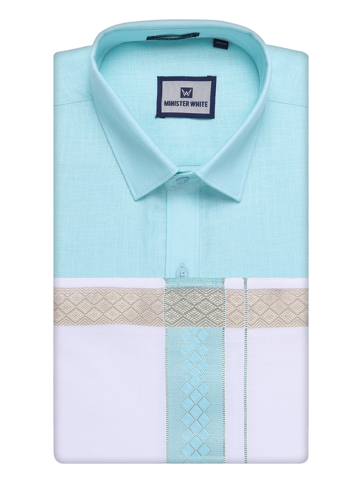 Mens Sea Green Shirt with Matching jacquard Weave Border Dhoti Combo Marsh