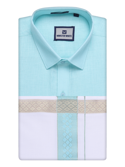 Mens Sea Green Shirt with Matching jacquard Weave Border Dhoti Combo Marsh