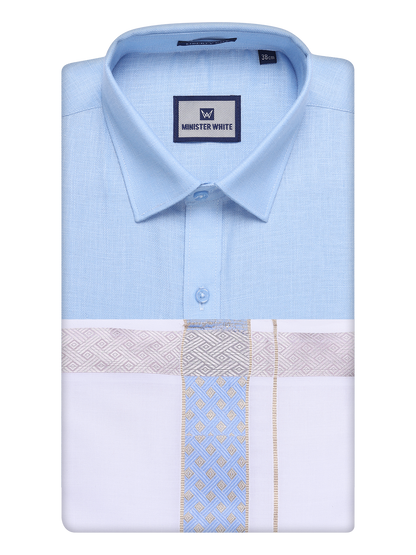 Mens Sky Blue Shirt with Matching jacquard Weave Border Dhoti Combo Marsh