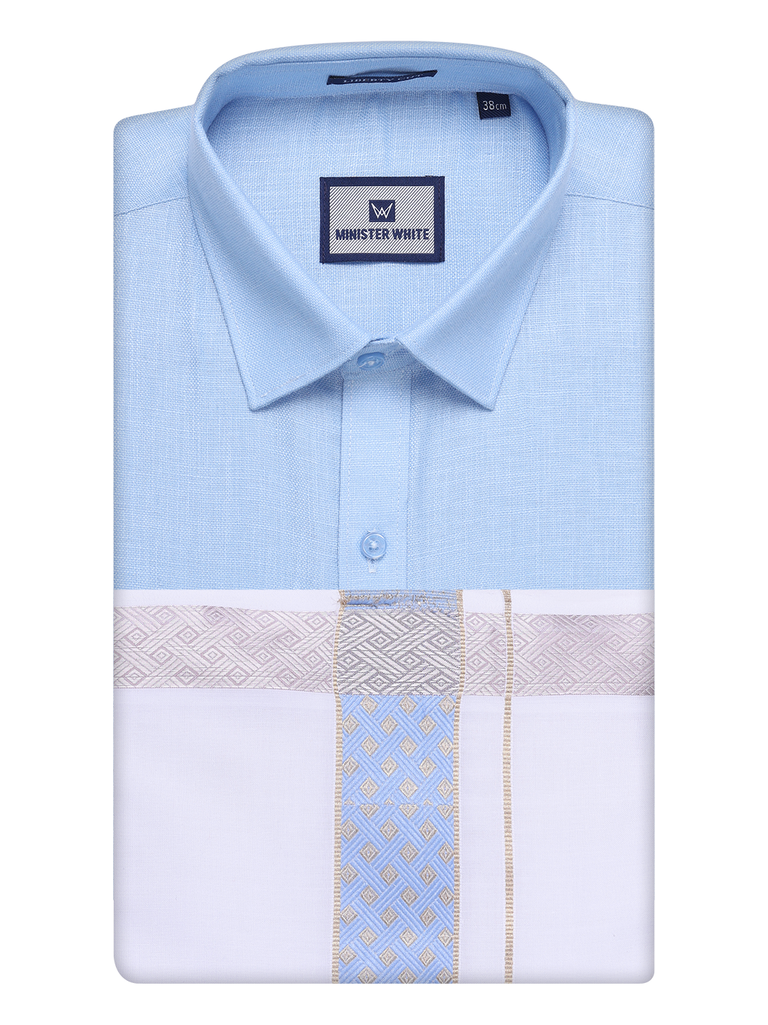 Mens Sky Blue Shirt with Matching jacquard Weave Border Dhoti Combo Marsh