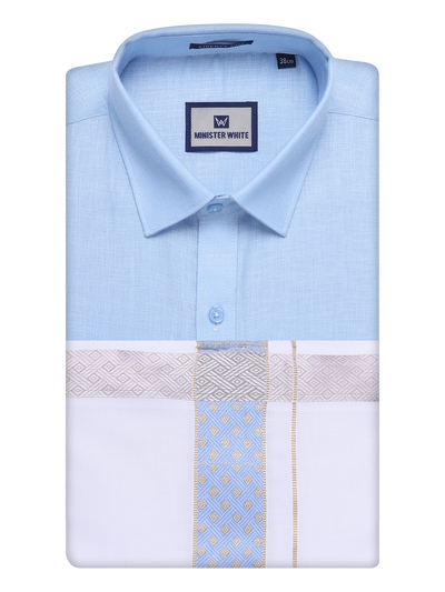 Mens Sky Blue Shirt with Matching jacquard Weave Border Dhoti Combo Marsh