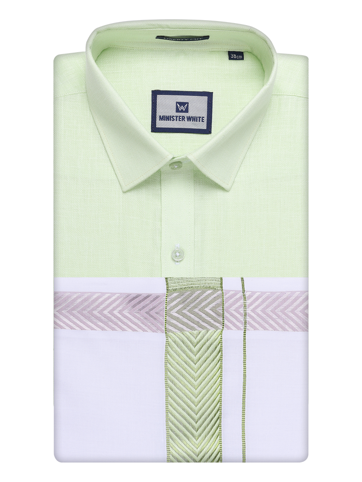 Mens Pastel Green Shirt with Matching jacquard Weave Border Dhoti Combo Marsh