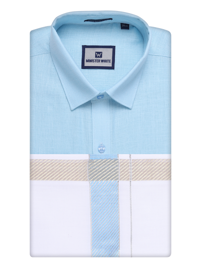 Mens Light Blue Shirt with Matching jacquard Weave Border Dhoti Combo Marsh