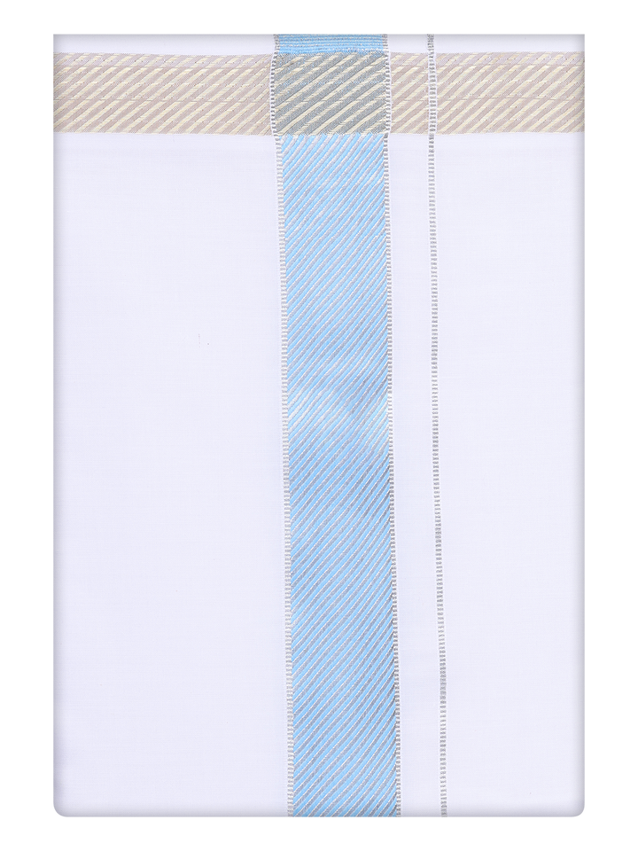 Mens White Dhoti with jacquard Weave Light Blue Border