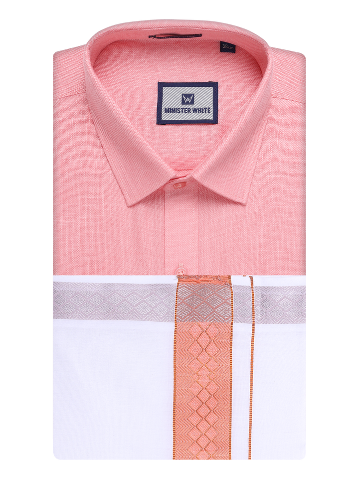 Mens Coral Pink Shirt with Matching jacquard Weave Border Dhoti Combo Marsh