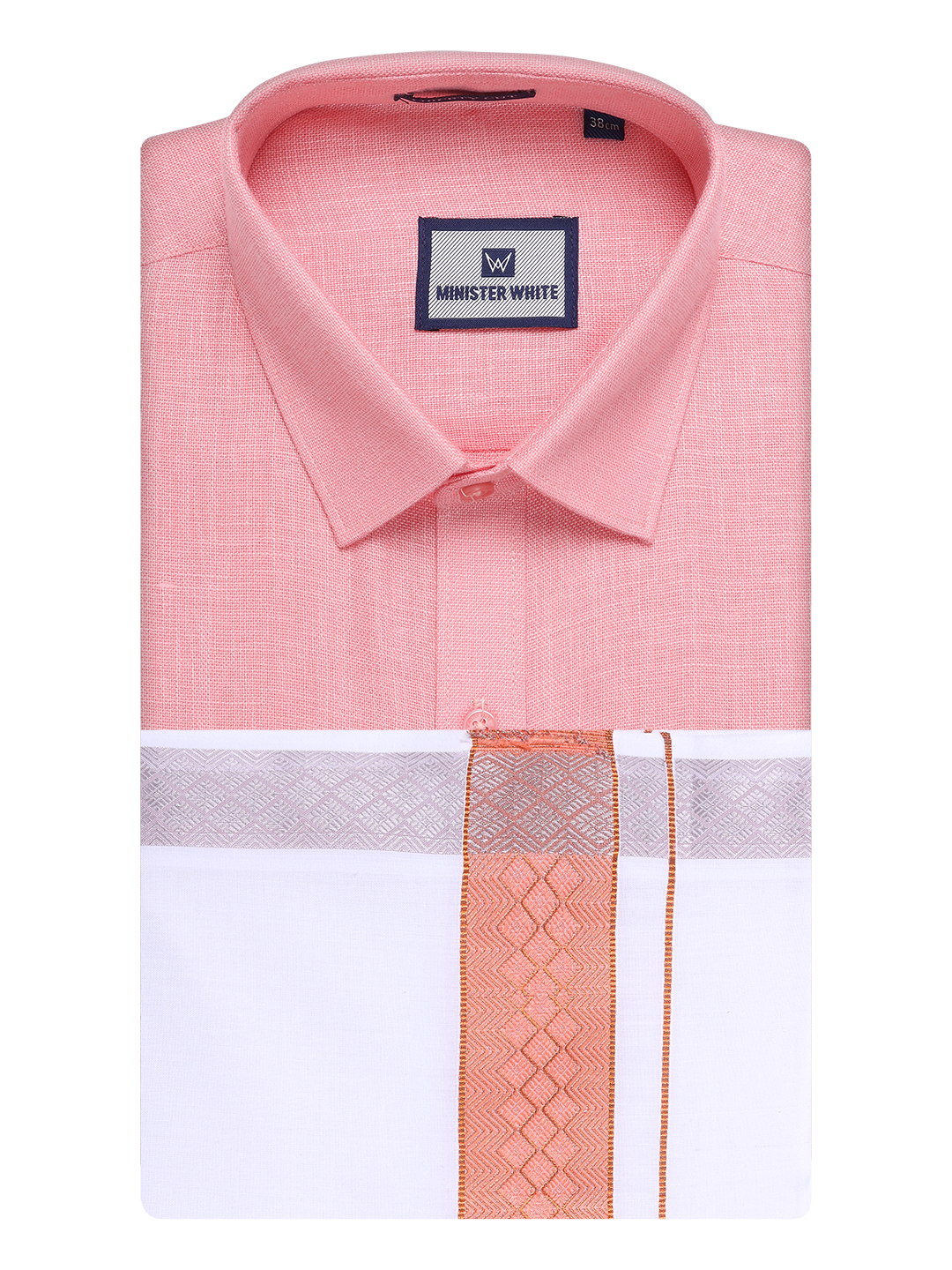 Mens Coral Pink Shirt with Matching jacquard Weave Border Dhoti Combo Marsh